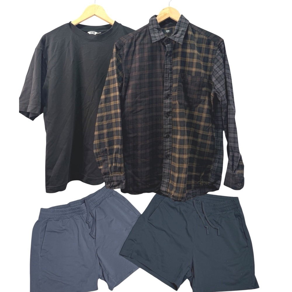 Uniqlo Clothing Lot/4 Mens Medium (1) Plaid Flannel Top (1) Black Tee (2) Shorts